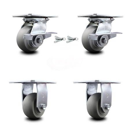 Service Caster 4 Inch Thermoplastic Rubber Caster Brakes/Swivel Locks and 2 Rigid SCC, 2PK SCC-35S420-TPRRD-SLB-BSL-2-R-2